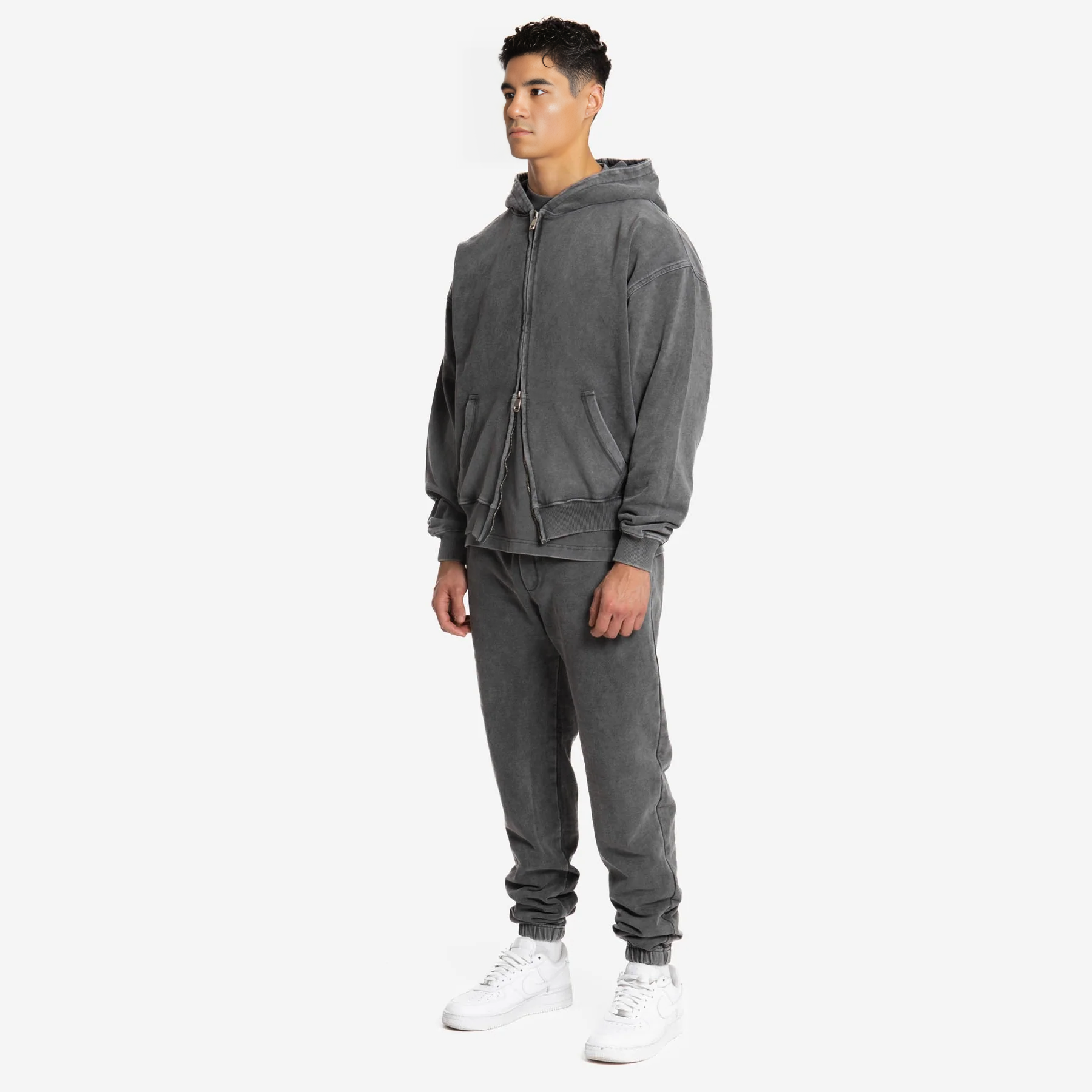 500gsm Double Zip Hoodie - Acid Washed Grey