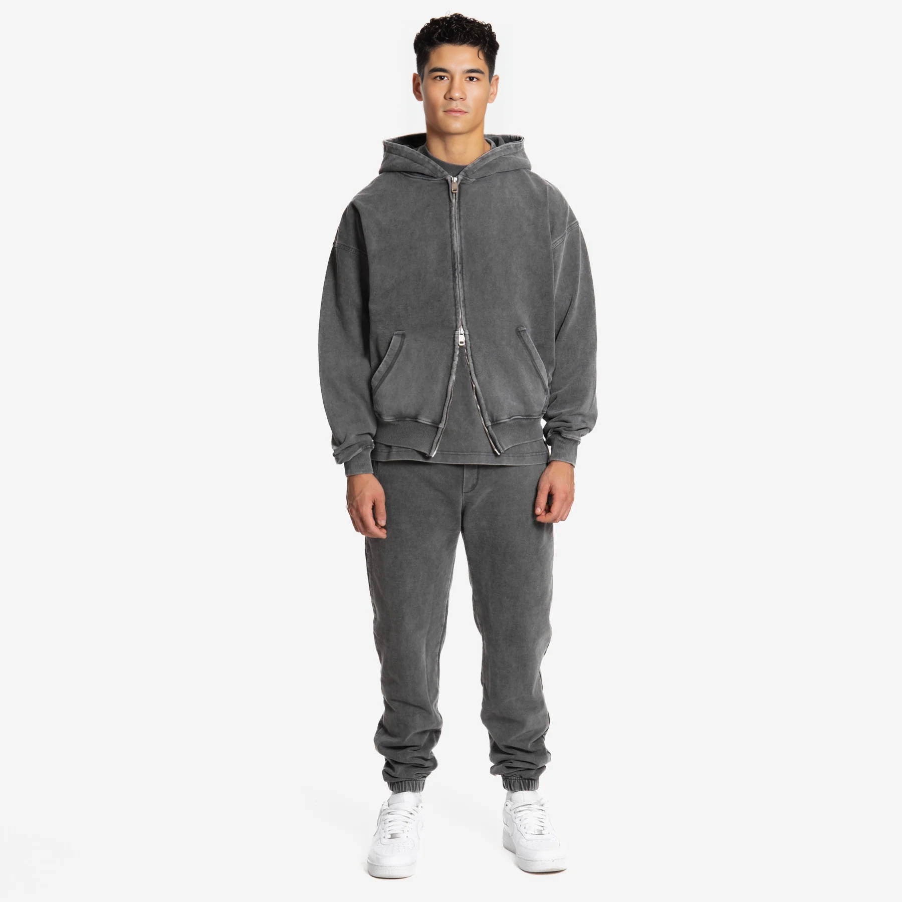 500gsm Double Zip Hoodie - Acid Washed Grey