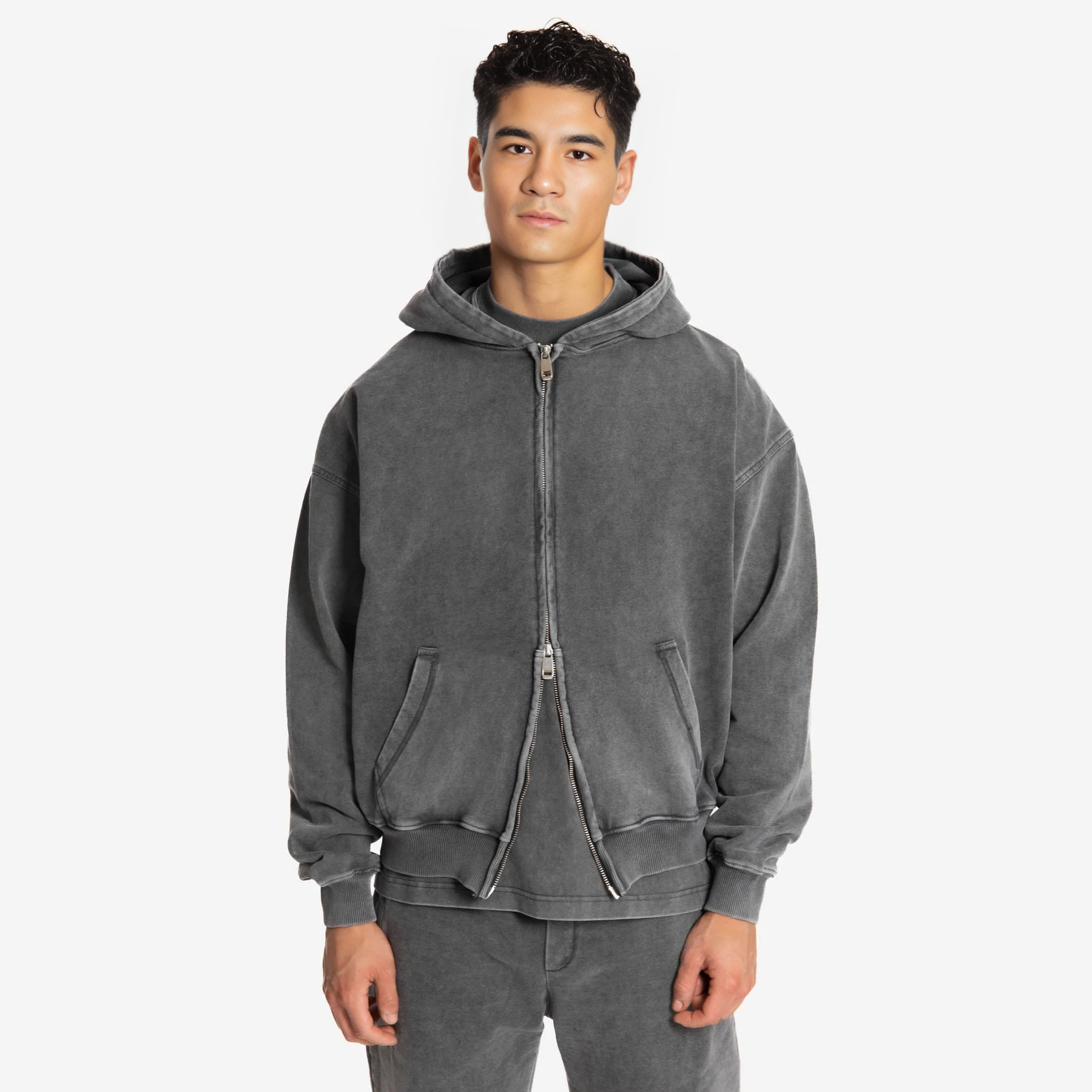 500gsm Double Zip Hoodie - Acid Washed Grey