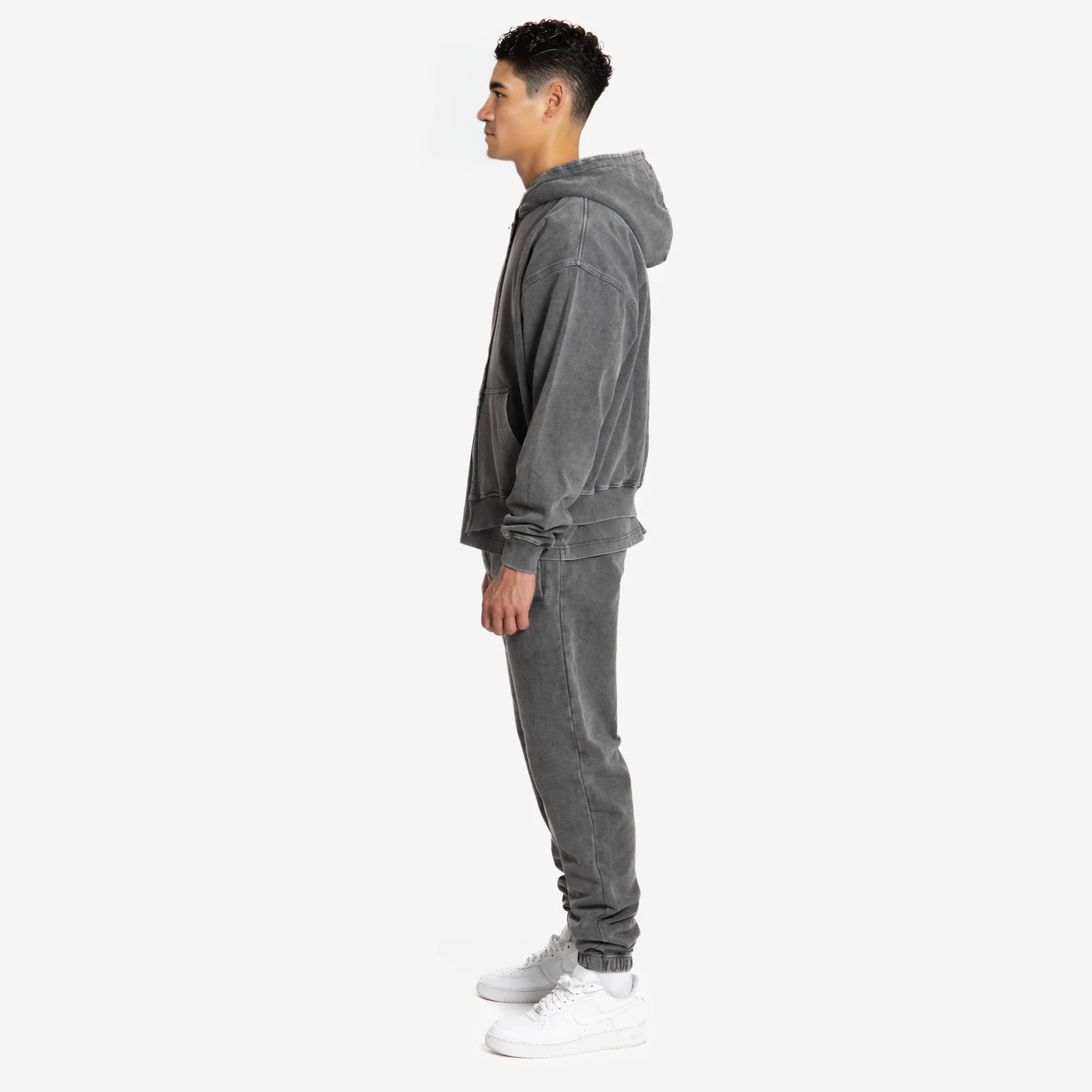 500gsm Double Zip Hoodie - Acid Washed Grey