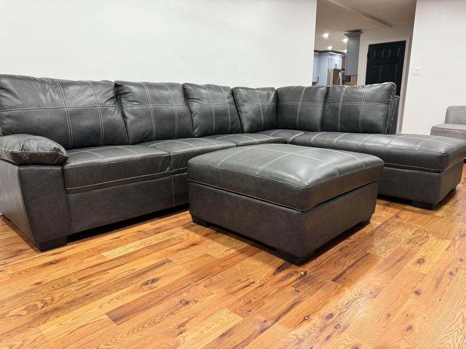 Air Leather L Shaped Gray Couch W/ Storage Ottoman