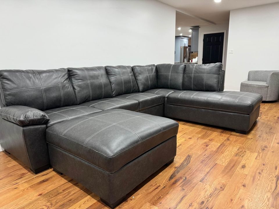 Air Leather L Shaped Gray Couch W/ Storage Ottoman