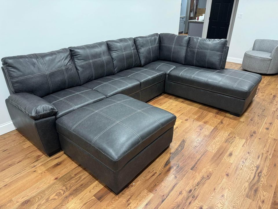 Air Leather L Shaped Gray Couch W/ Storage Ottoman