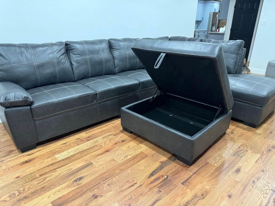 Air Leather L Shaped Gray Couch W/ Storage Ottoman