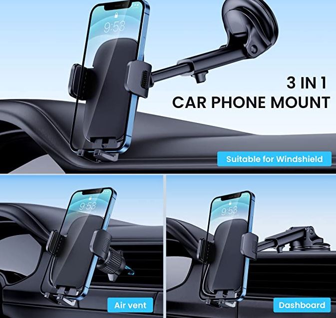 Car Phone Holder Mount [Military-Grade Suction & Stable Hook] Phone Mount for Car Windshield Dashboard Air Vent