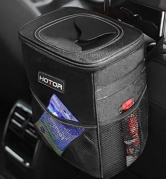 Trash Can with Lid and Storage Pockets, 100% Leak-Proof Organizer, Multipurpose Trash Bin for Car