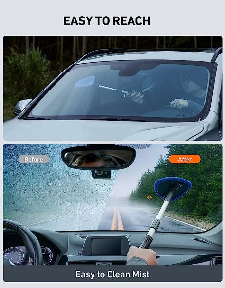 Microfiber Car Windshield Cleaning Tool with 4 Reusable and Washable Microfiber Pads and Extendable Handle