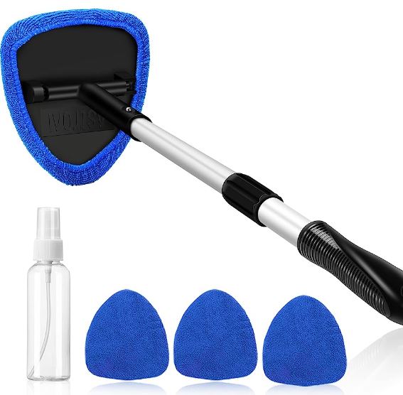 Microfiber Car Windshield Cleaning Tool with 4 Reusable and Washable Microfiber Pads and Extendable Handle