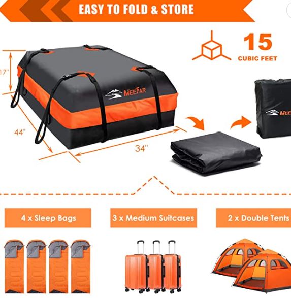 Car Rooftop Cargo Carrier Bag Waterproof 15 Cubic feet for All Cars with/Without Rack, Includes Anti-Slip Mat, 8 Reinforced Straps, 6 Door Hooks, Luggage Lock