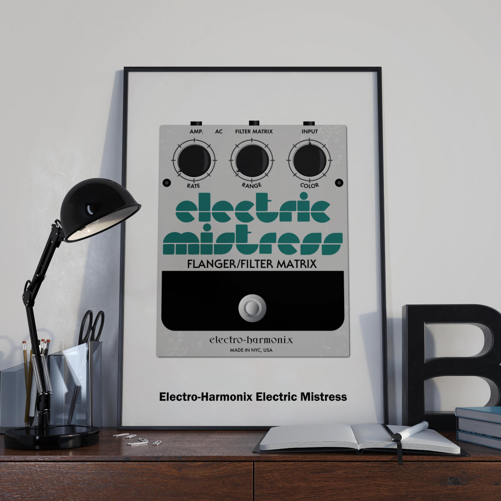 Poster Illustration of the famous Electric Mistress guitar pedal by Electro-Harmonix