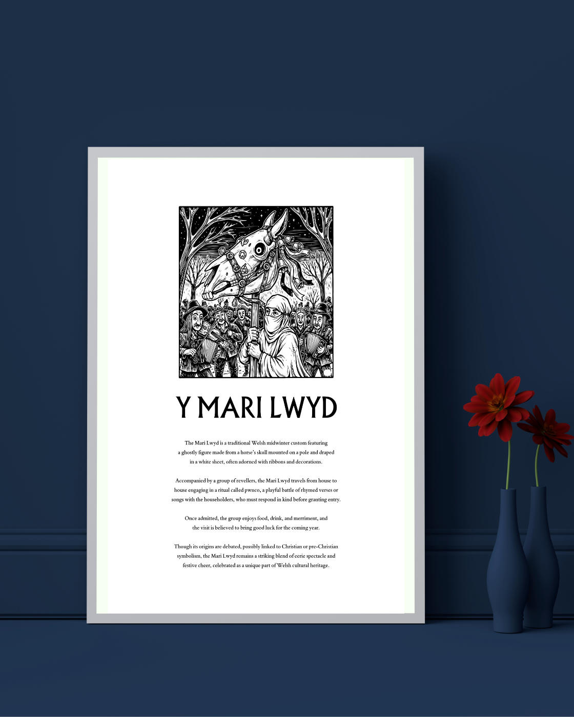Poster.explaining the Welsh tradition of The Mari Lwyd