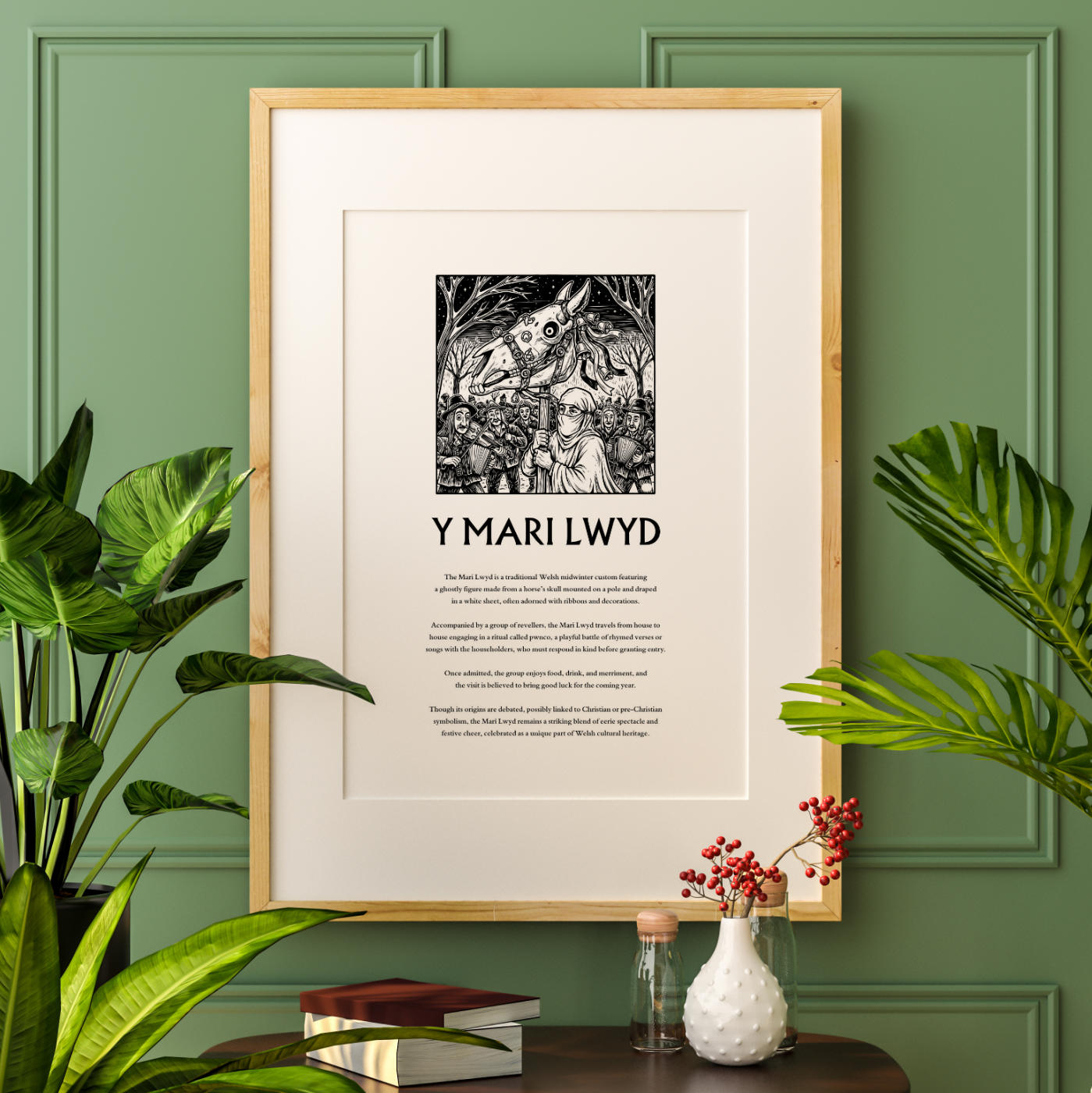 Poster.explaining the Welsh tradition of The Mari Lwyd