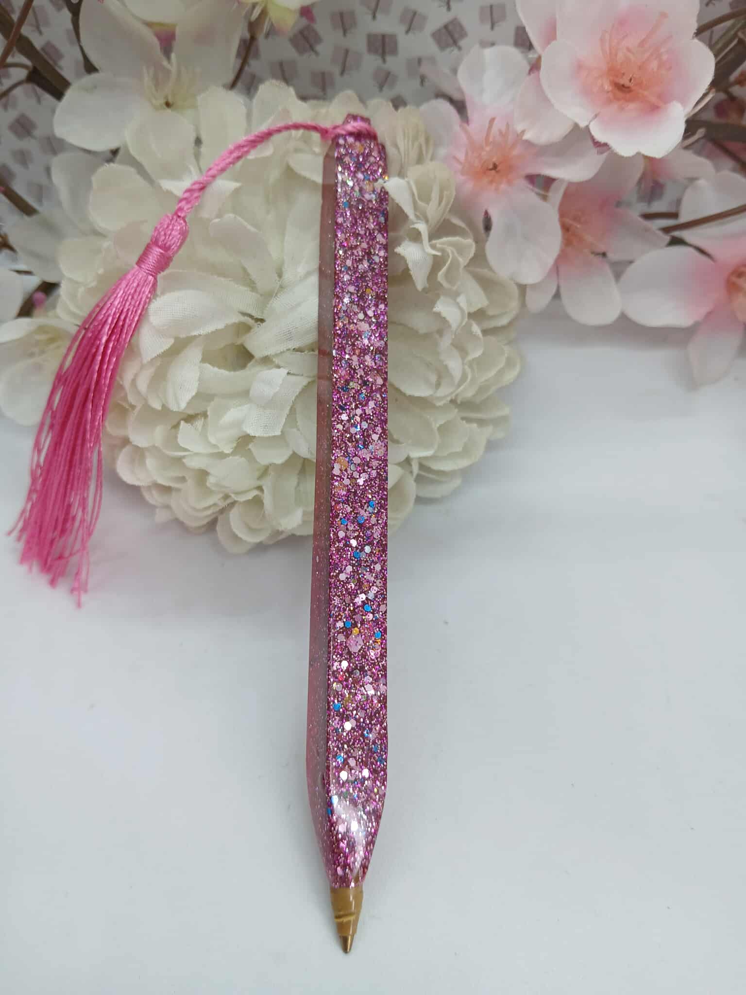 Ensemble stylo et marque page rose pailleté N°1