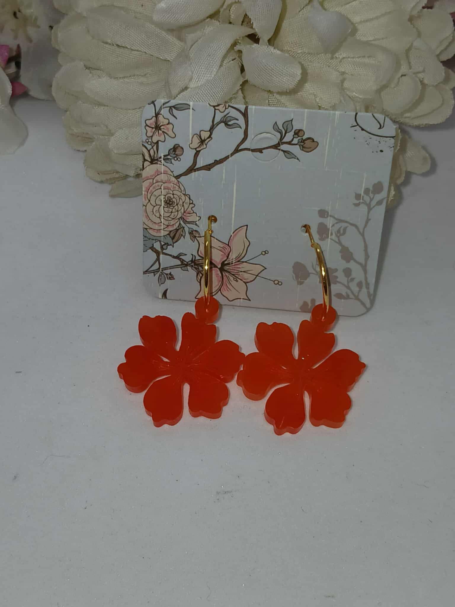 Boucles d’oreilles fleur hibiscus rouge / orange