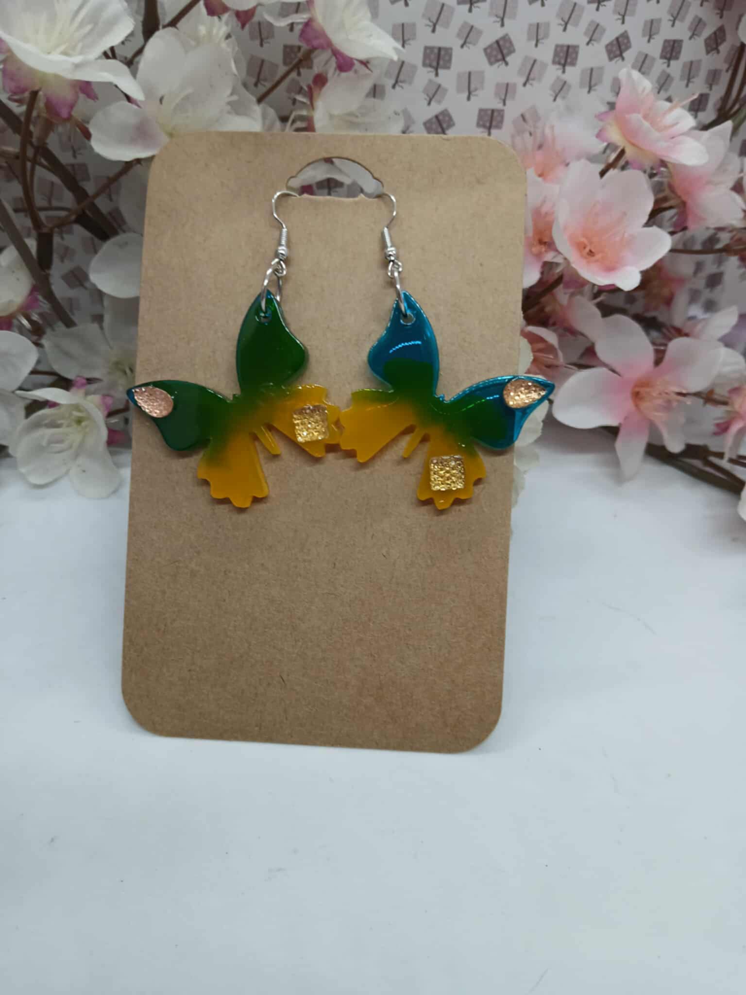 Boucles d’oreilles papillon bleu vert jaune