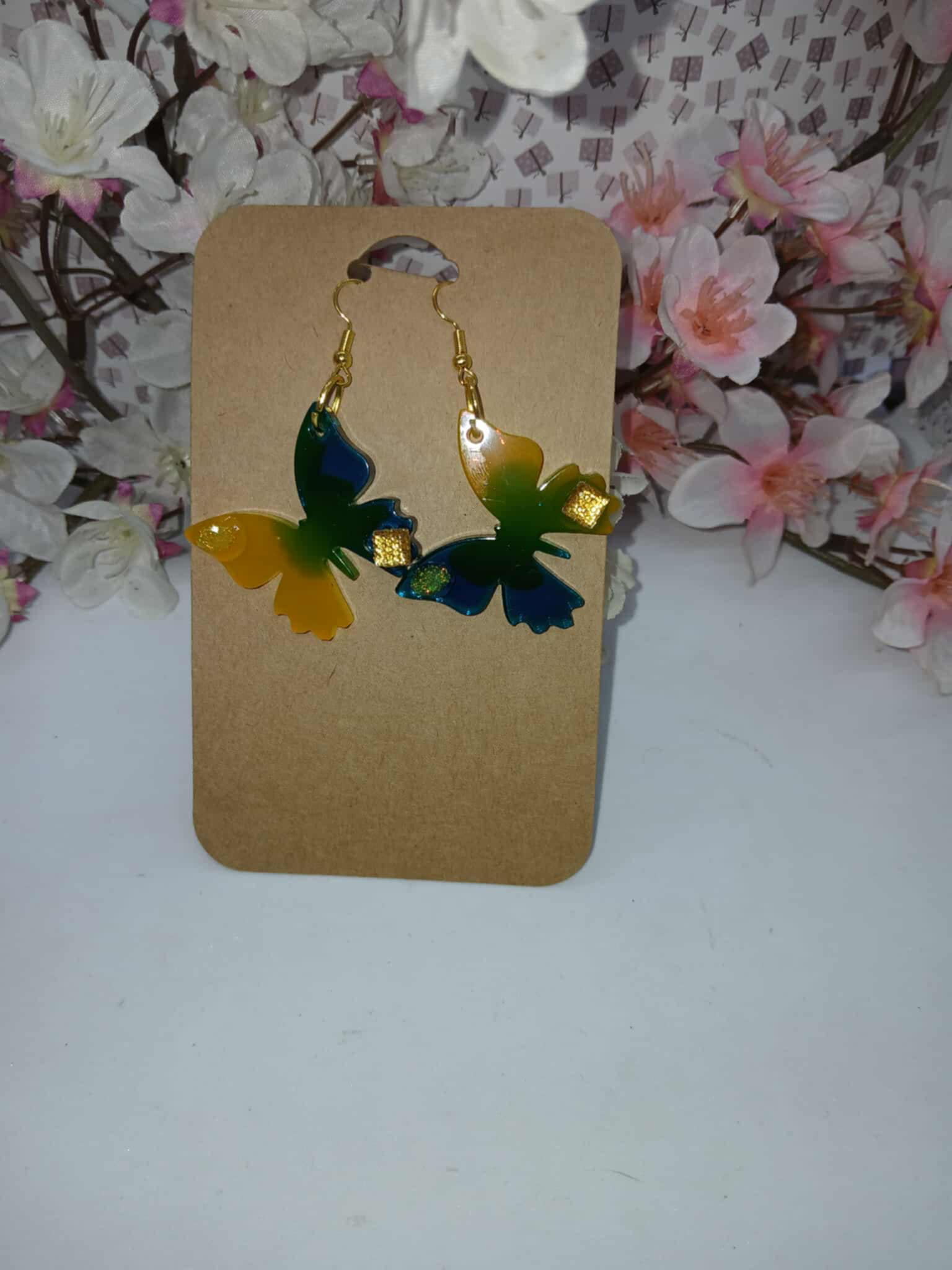 Boucles d’oreilles papillon bleu vert jaune