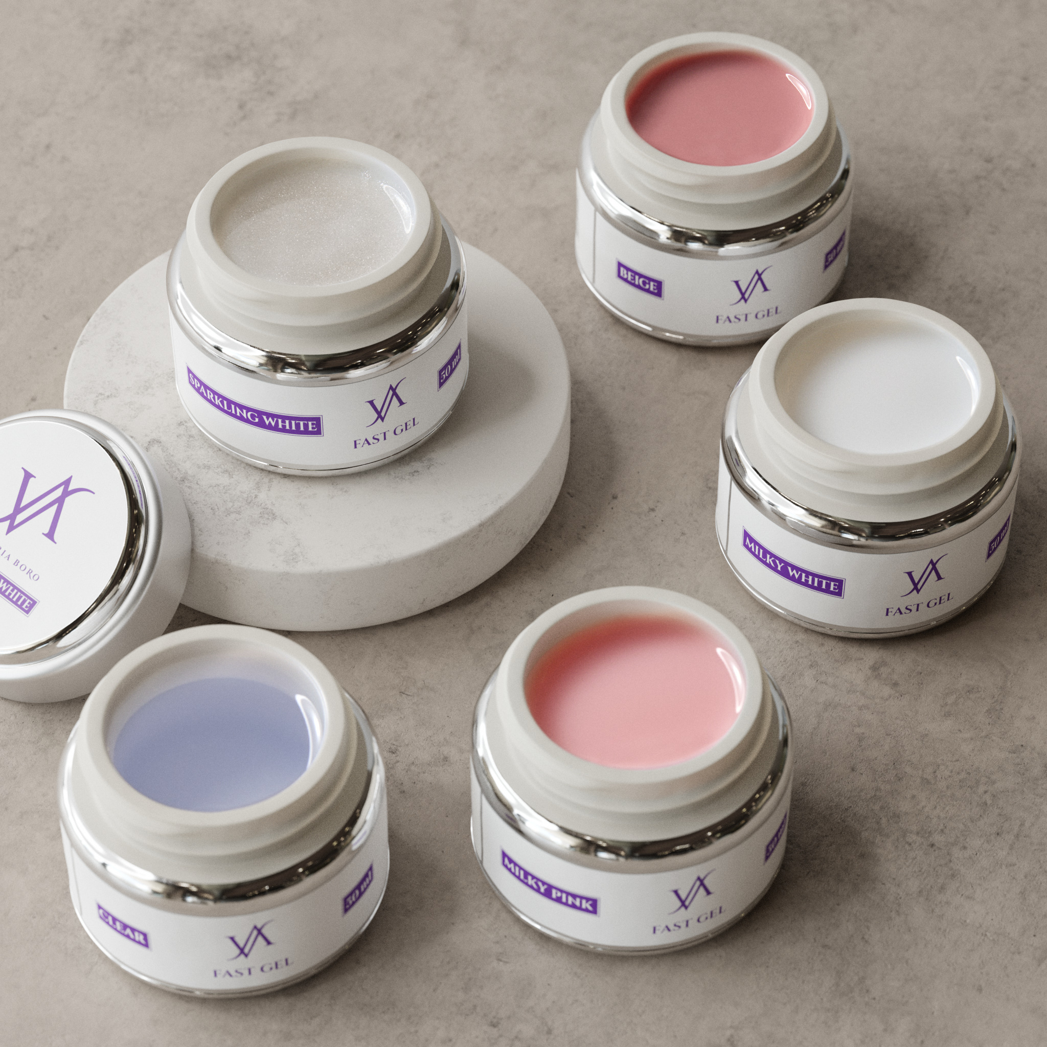 Victoria Boro FAST gel (milky pink / beige / sparkling white / white / clear)