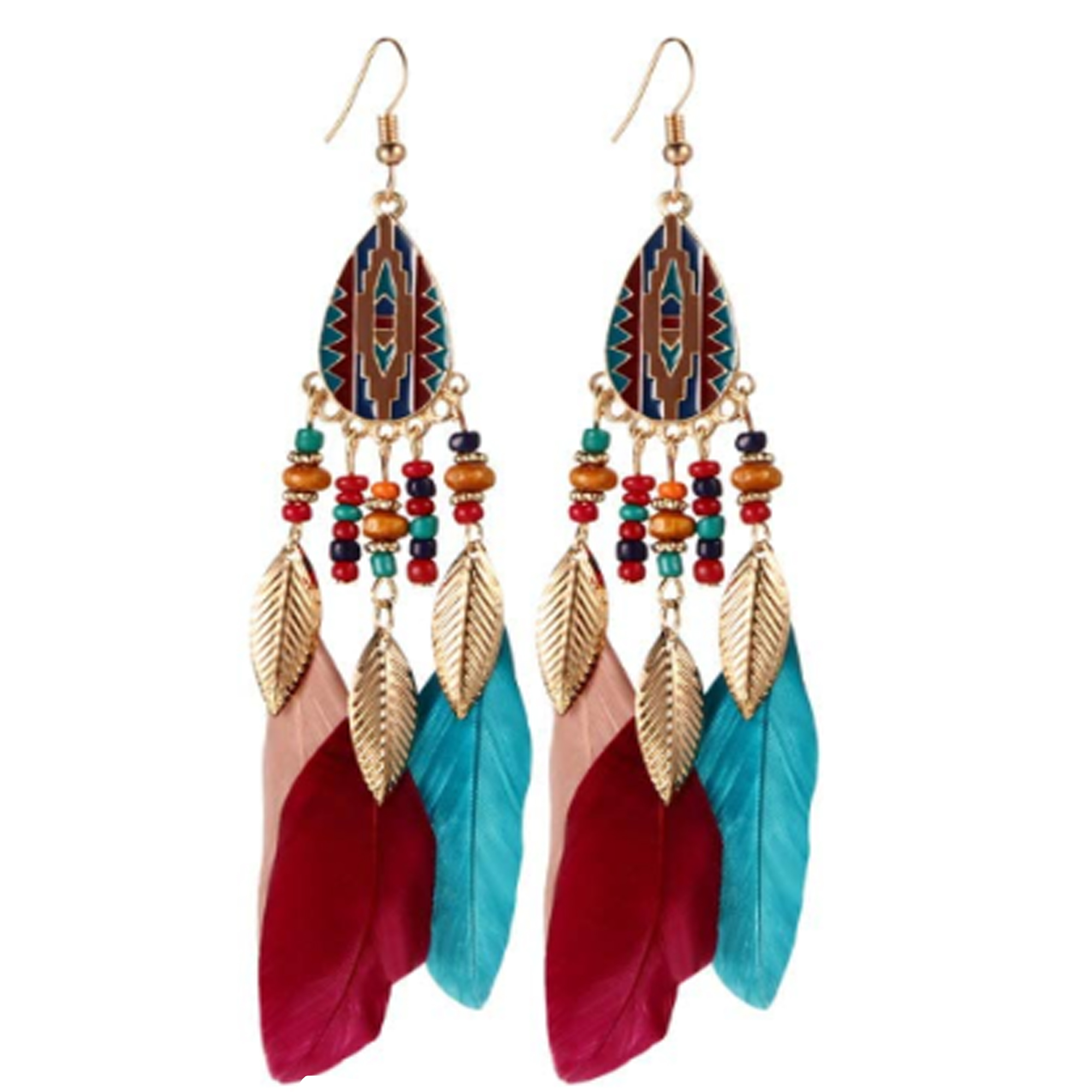 Blue and Red Feather Earrings