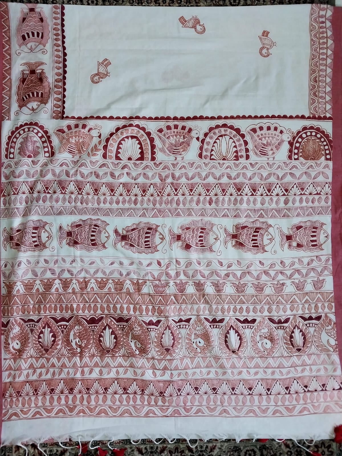 Madhubani Handpainted Saree on Khadi Cotton