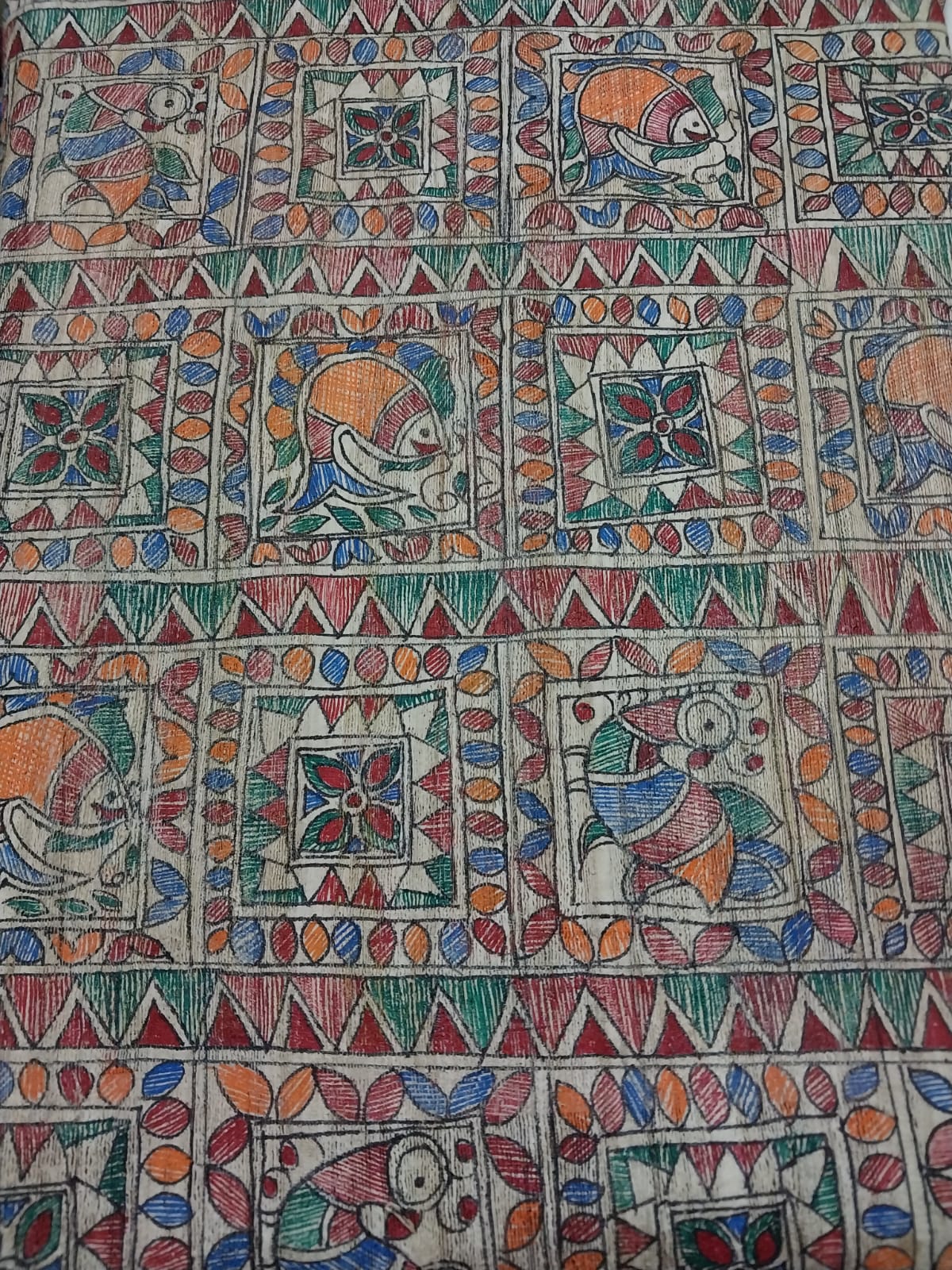 Madhubani Handpainted Saree on Pure Ghicha Tussar Pallu Staple Silk Saree with running blouse piece