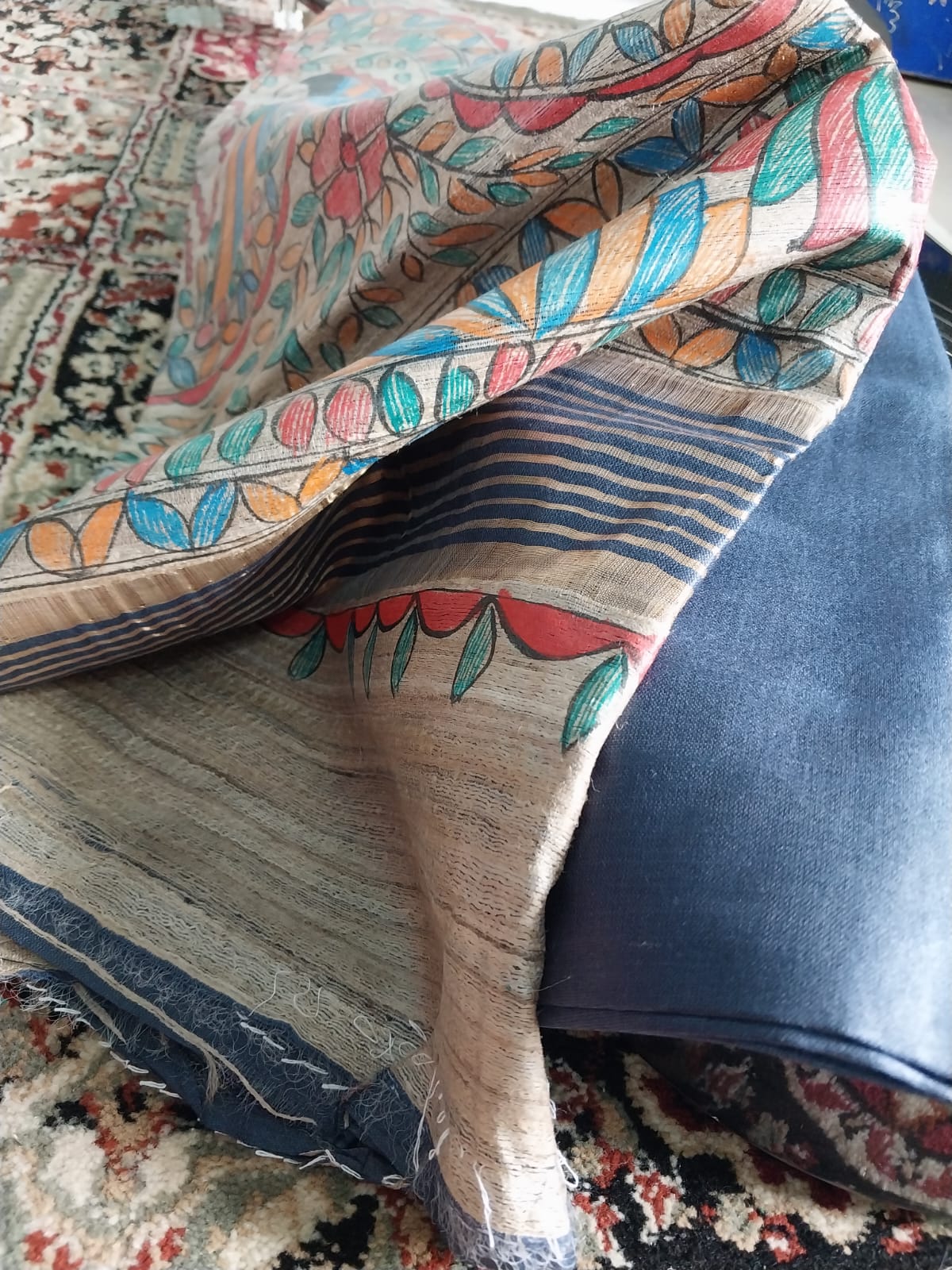 Madhubani Handpainted Saree on Pure Ghicha Tussar Pallu Staple Silk Saree with running blouse piece