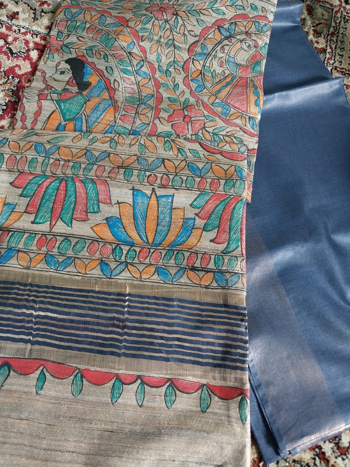 Madhubani Handpainted Saree on Pure Ghicha Tussar Pallu Staple Silk Saree with running blouse piece