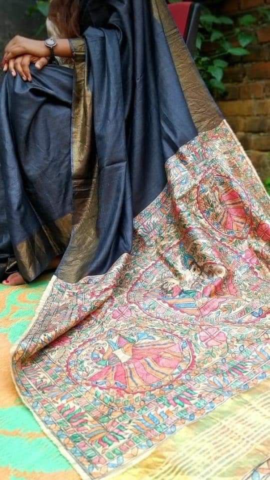 Madhubani Handpainted Saree on Pure Ghicha Tussar Pallu Staple Silk Saree with running blouse piece