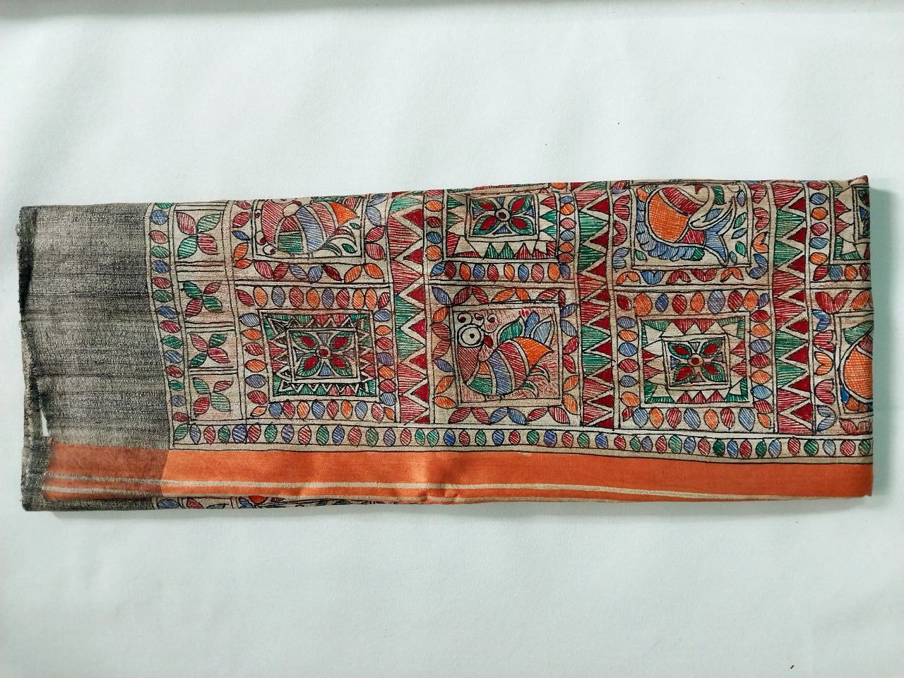 Madhubani Handpainted Saree on Pure Ghicha Tussar Pallu Staple Silk Saree with running blouse piece