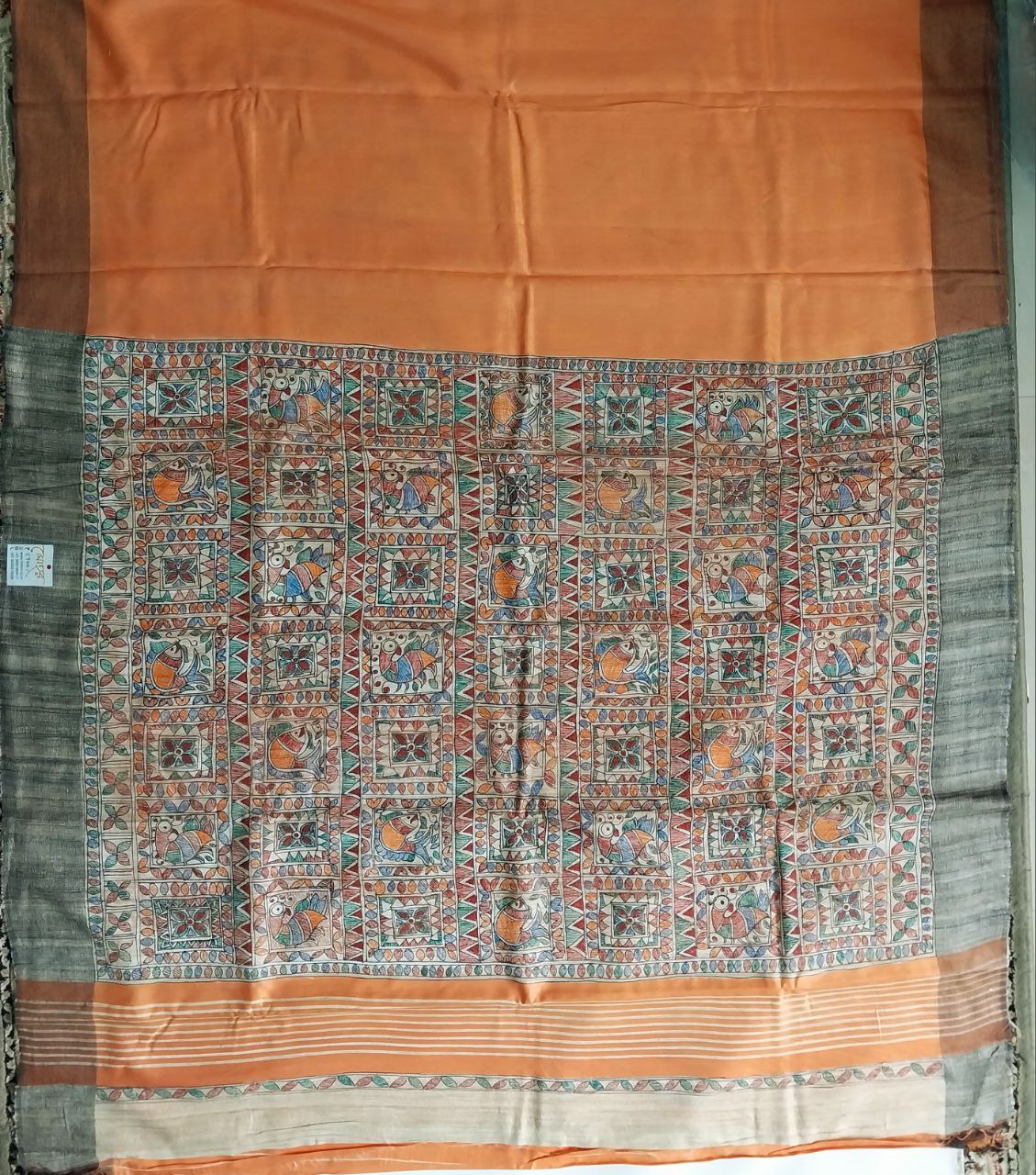 Madhubani Handpainted Saree on Pure Ghicha Tussar Pallu Staple Silk Saree with running blouse piece