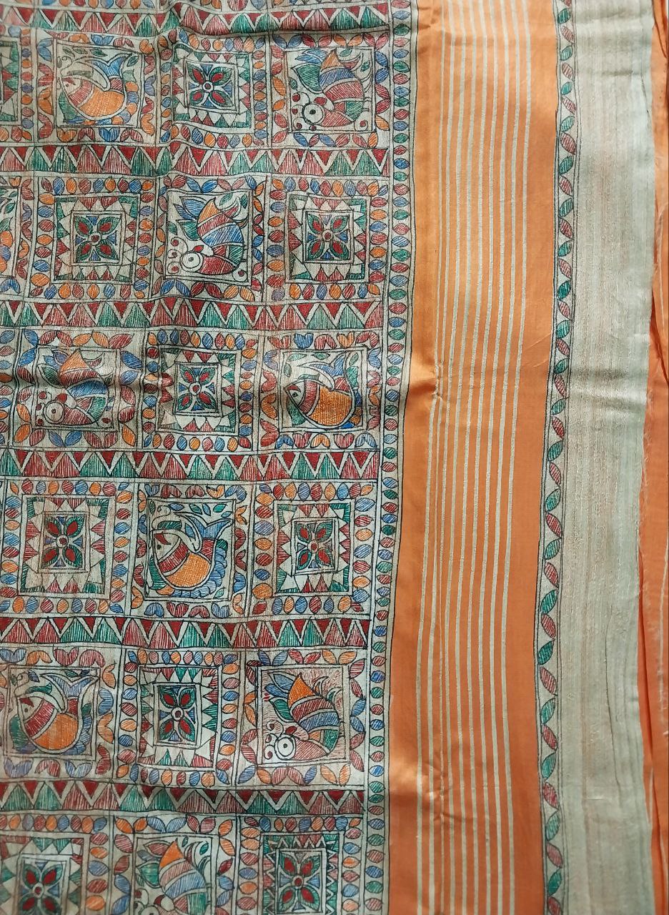 Madhubani Handpainted Saree on Pure Ghicha Tussar Pallu Staple Silk Saree with running blouse piece
