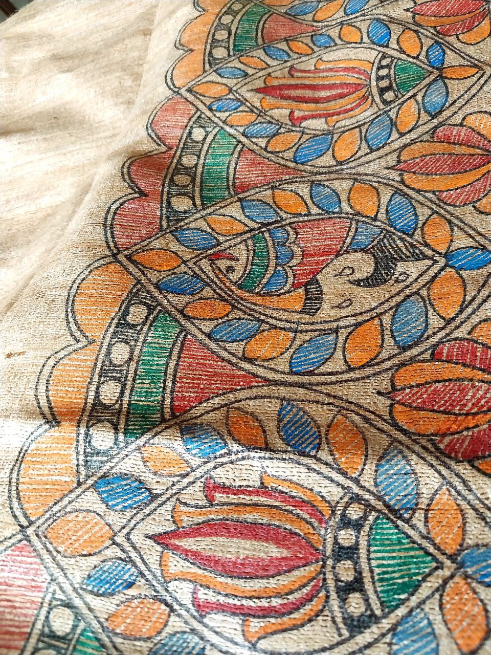 Madhubani Handpainted Saree on Pure Ghicha Tussar Saree with Running Blouse Piece
