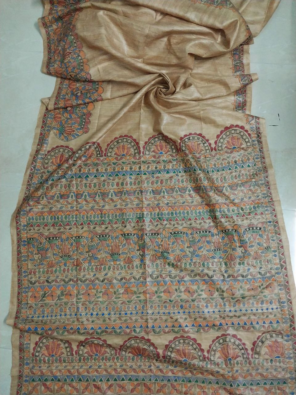 Madhubani Handpainted Saree on Pure Ghicha Tussar Saree with Running Blouse Piece