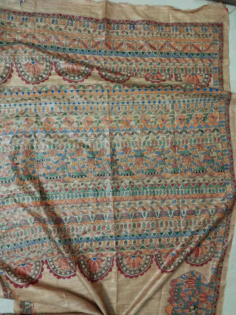 Madhubani Handpainted Saree on Pure Ghicha Tussar Saree with Running Blouse Piece