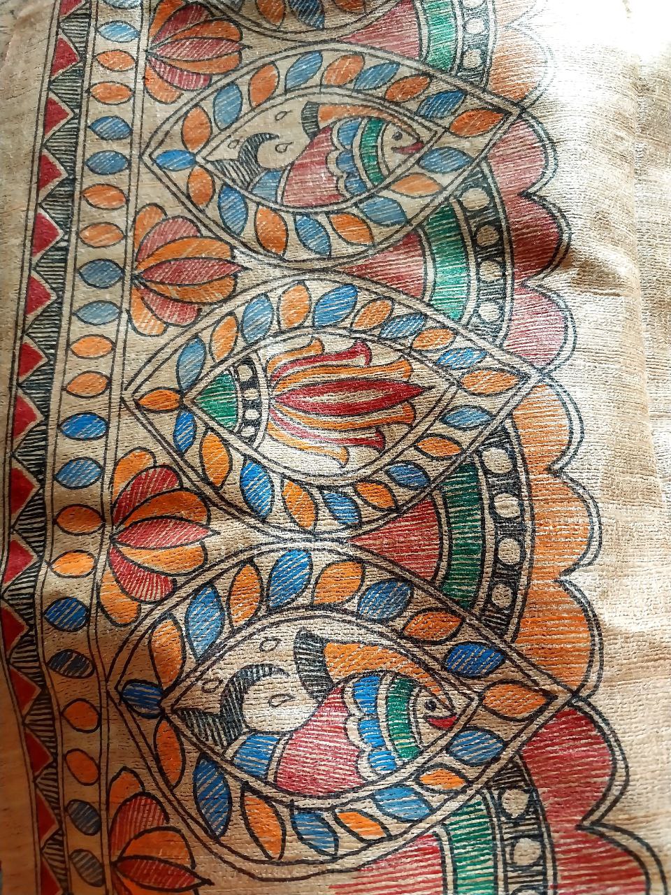 Madhubani Handpainted Saree on Pure Ghicha Tussar Saree with Running Blouse Piece