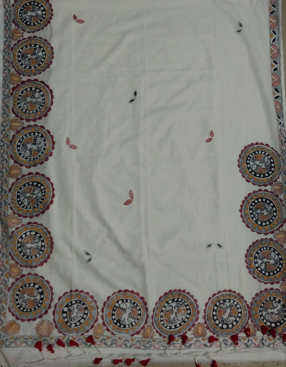 Madhubani Handpainted Saree on Khadi Cotton - Hand-Painting on Full Body