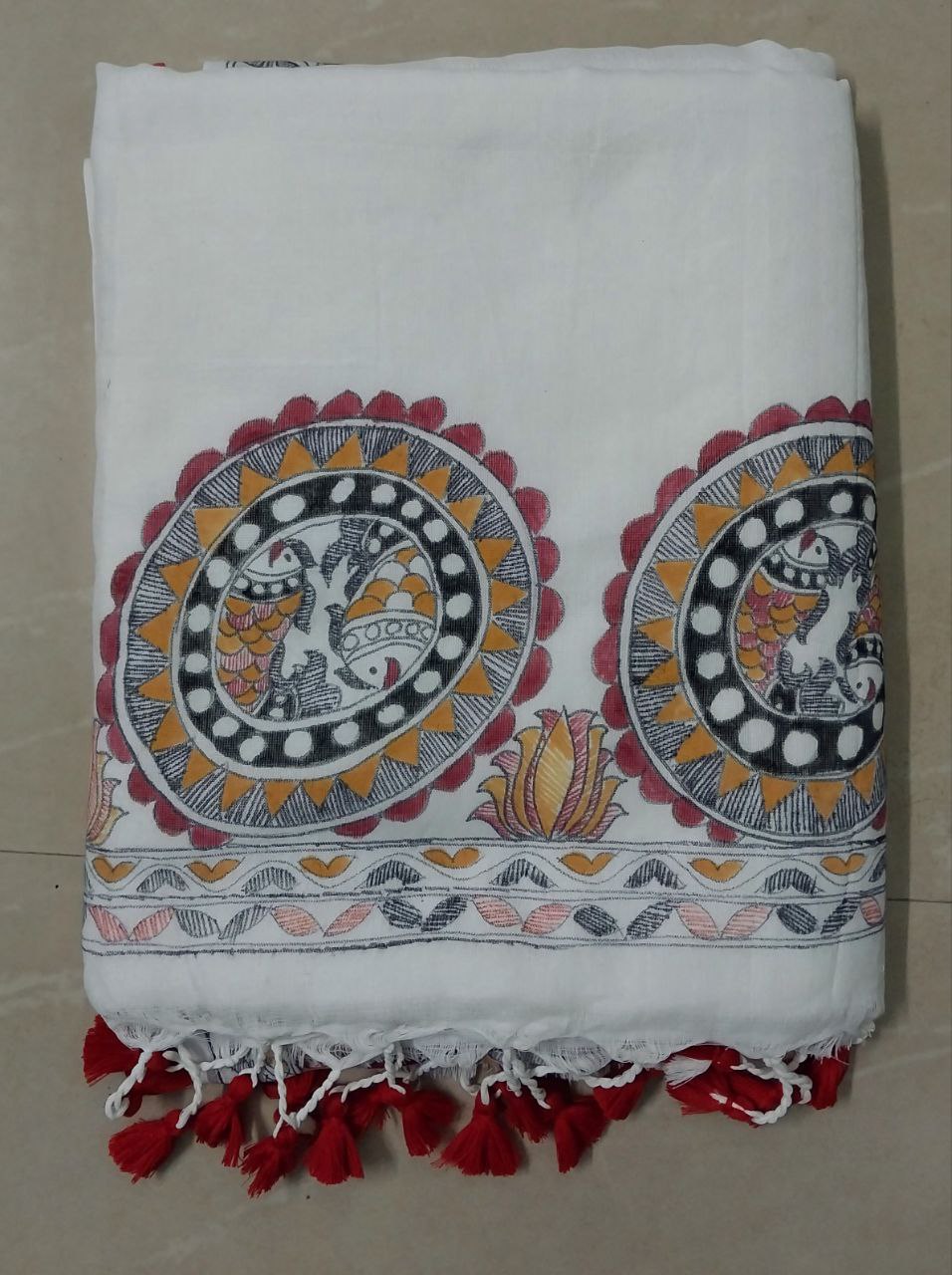 Madhubani Handpainted Saree on Khadi Cotton - Hand-Painting on Full Body