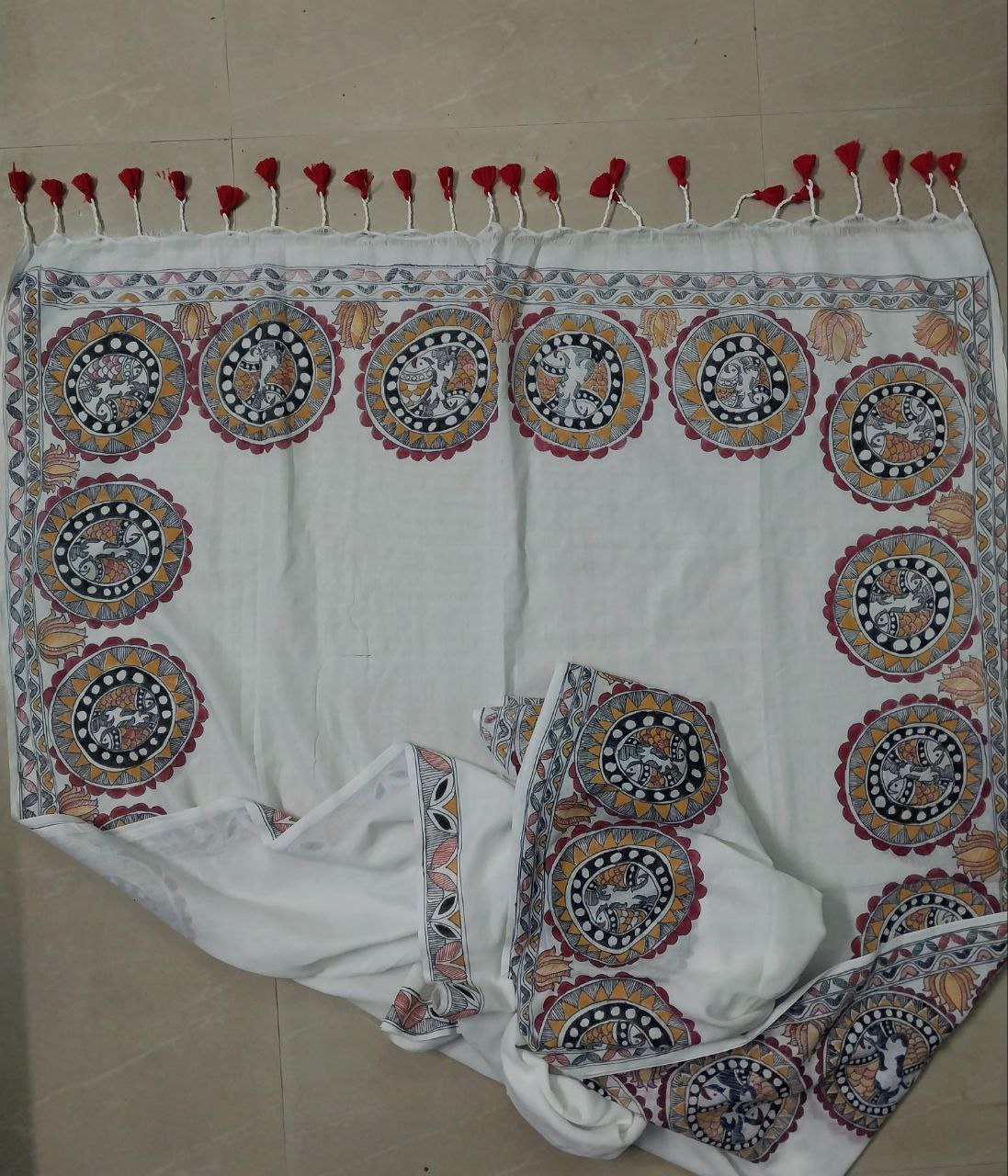 Madhubani Handpainted Saree on Khadi Cotton - Hand-Painting on Full Body