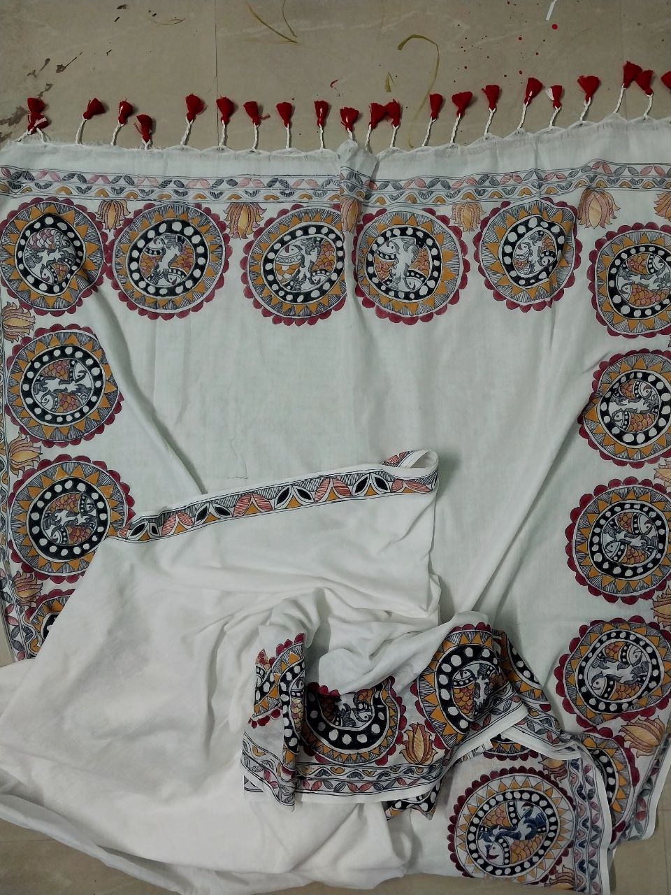Madhubani Handpainted Saree on Khadi Cotton - Hand-Painting on Full Body