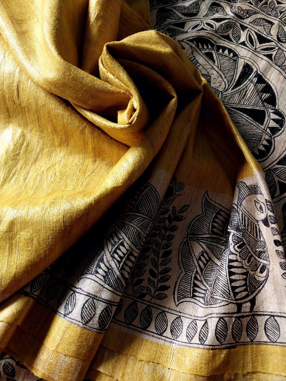 Madhubani Handpainted Saree on Pure Ghicha Tussar Saree with Running Blouse Piece