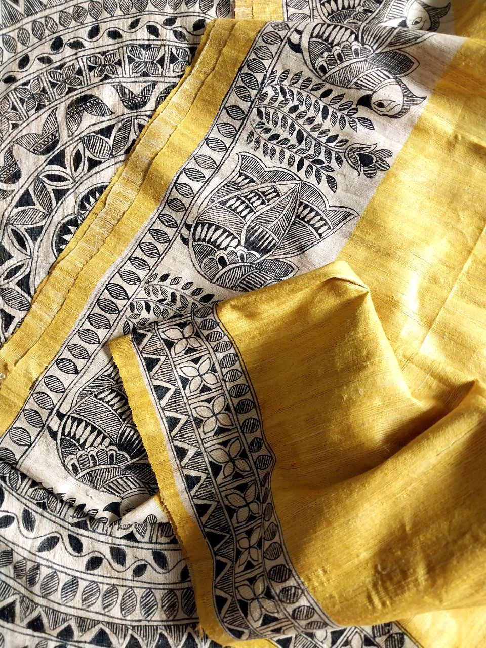 Madhubani Handpainted Saree on Pure Ghicha Tussar Saree with Running Blouse Piece
