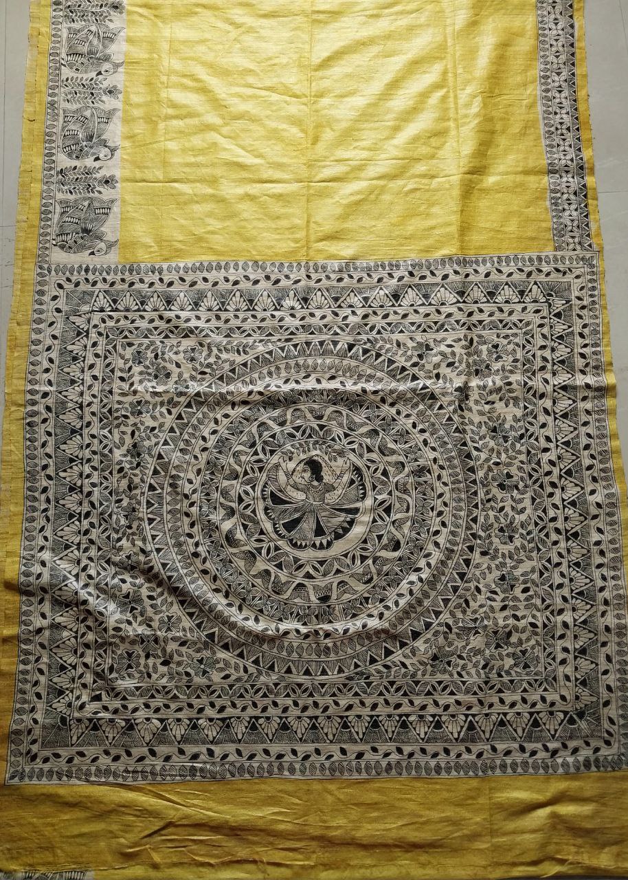 Madhubani Handpainted Saree on Pure Ghicha Tussar Saree with Running Blouse Piece