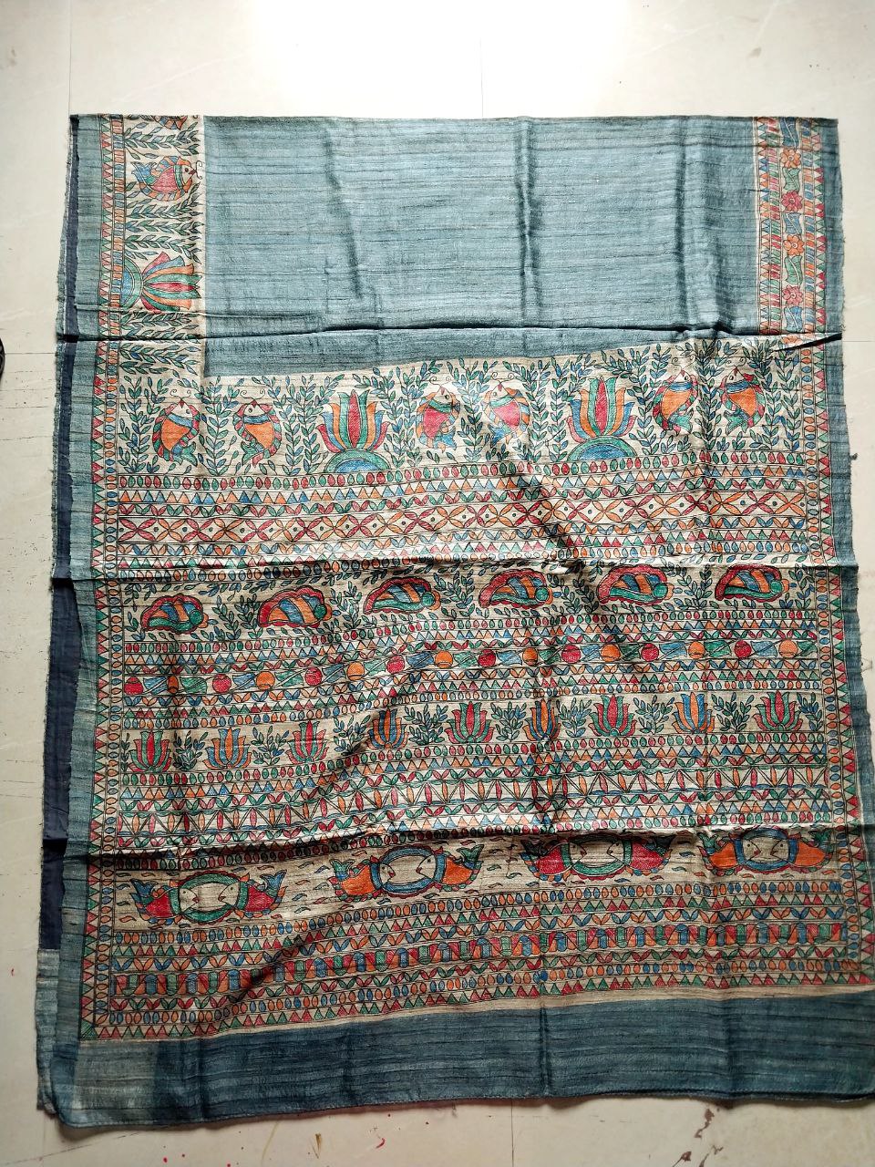 Madhubani Handpainted Saree on Pure Ghicha Tussar Saree with Running Blouse Piece