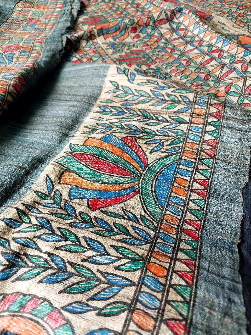 Madhubani Handpainted Saree on Pure Ghicha Tussar Saree with Running Blouse Piece