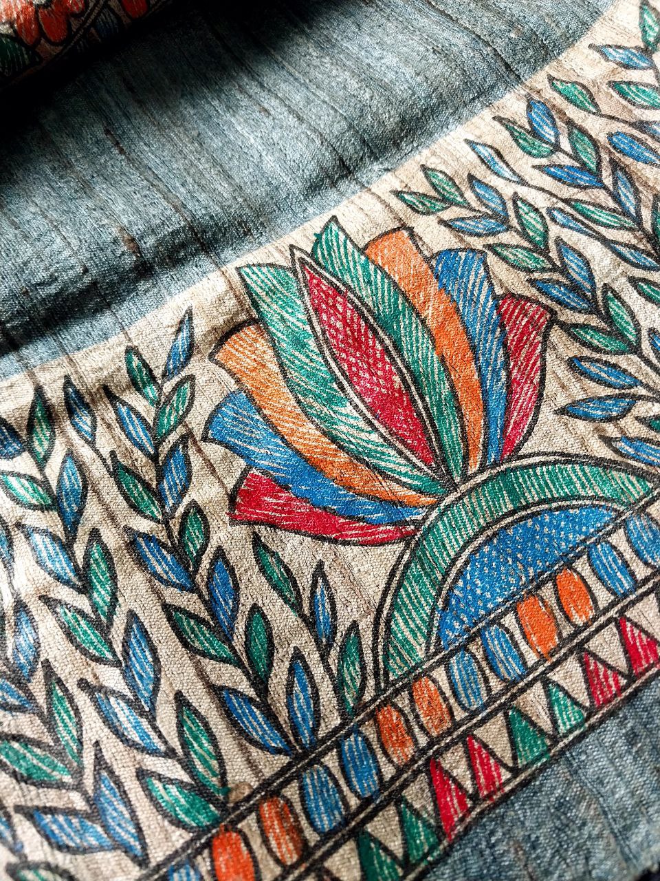 Madhubani Handpainted Saree on Pure Ghicha Tussar Saree with Running Blouse Piece