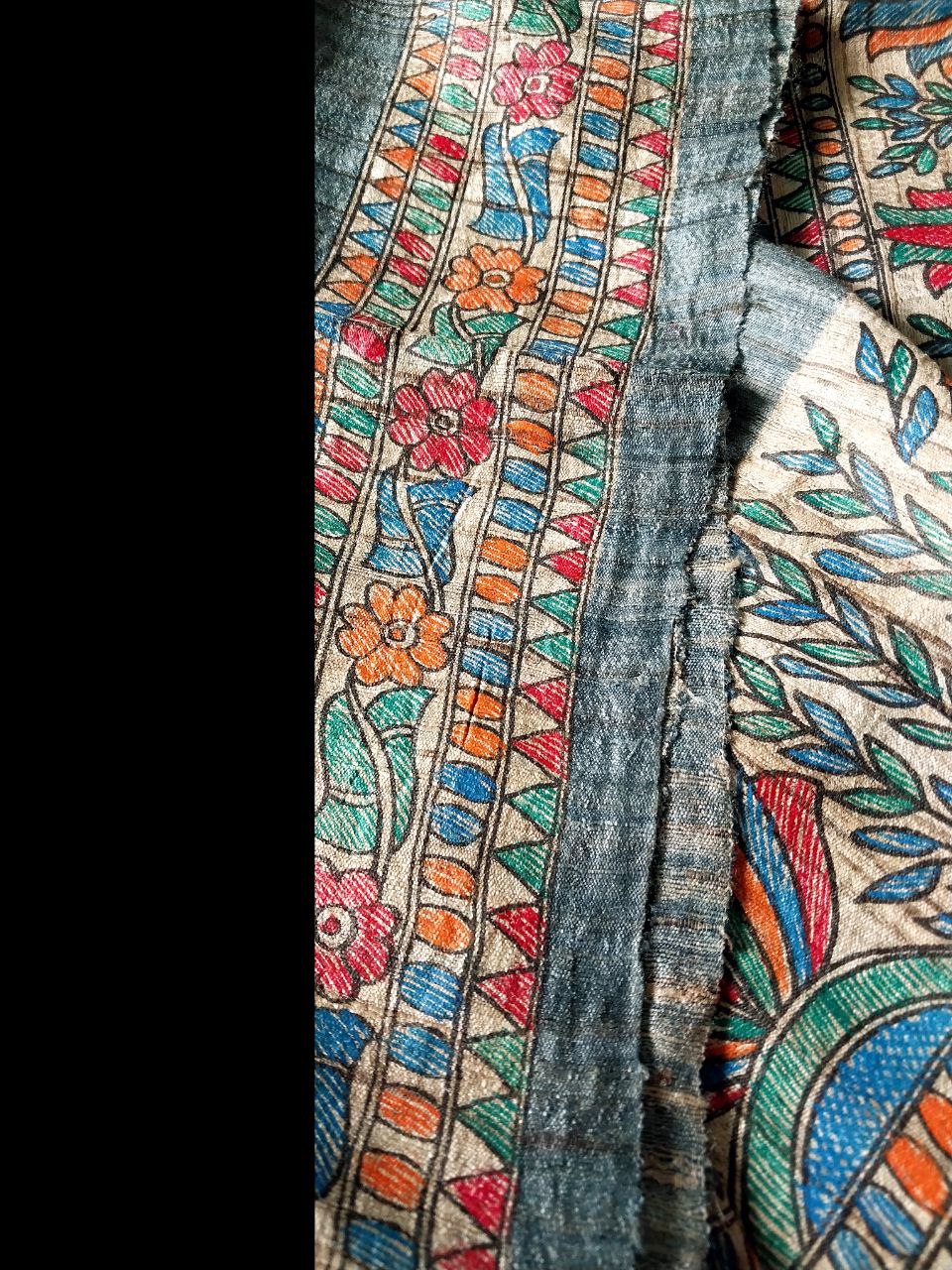 Madhubani Handpainted Saree on Pure Ghicha Tussar Saree with Running Blouse Piece