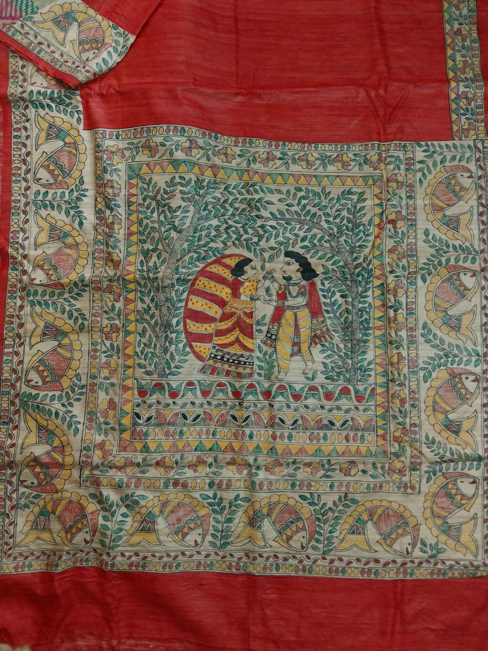 Madhubani Handpainted Saree on Pure Ghicha Tussar Saree with Running Blouse Piece