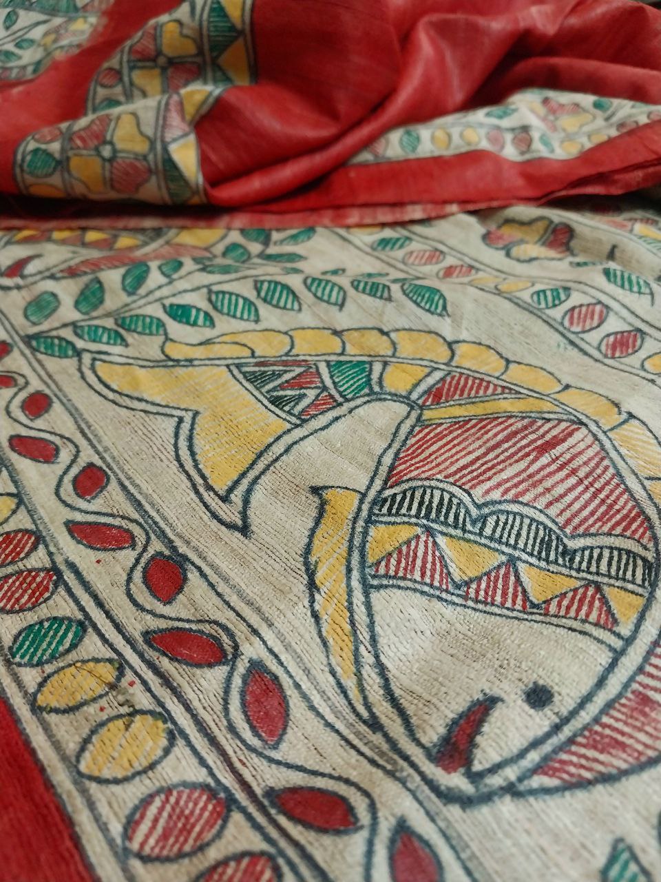 Madhubani Handpainted Saree on Pure Ghicha Tussar Saree with Running Blouse Piece