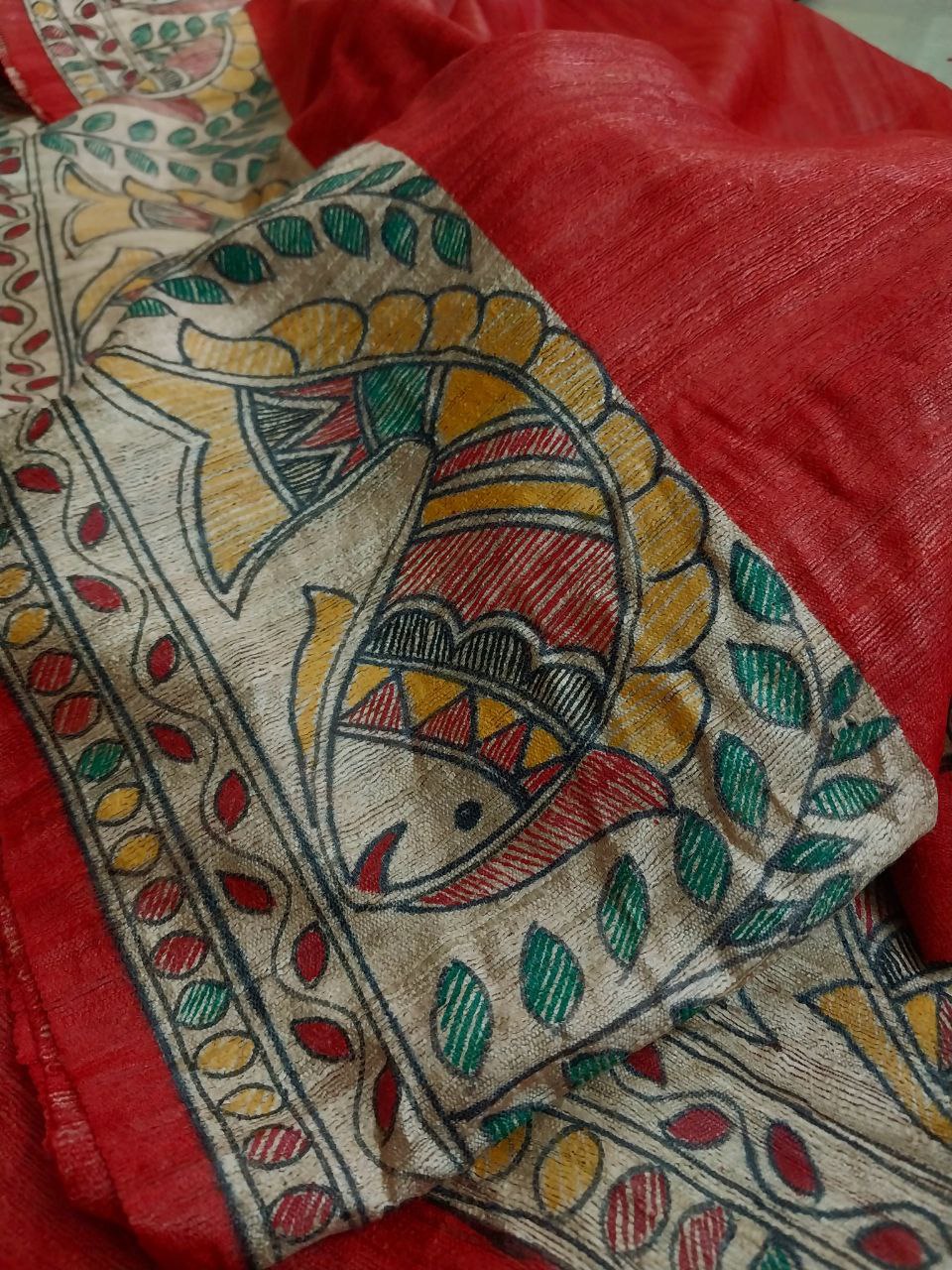 Madhubani Handpainted Saree on Pure Ghicha Tussar Saree with Running Blouse Piece
