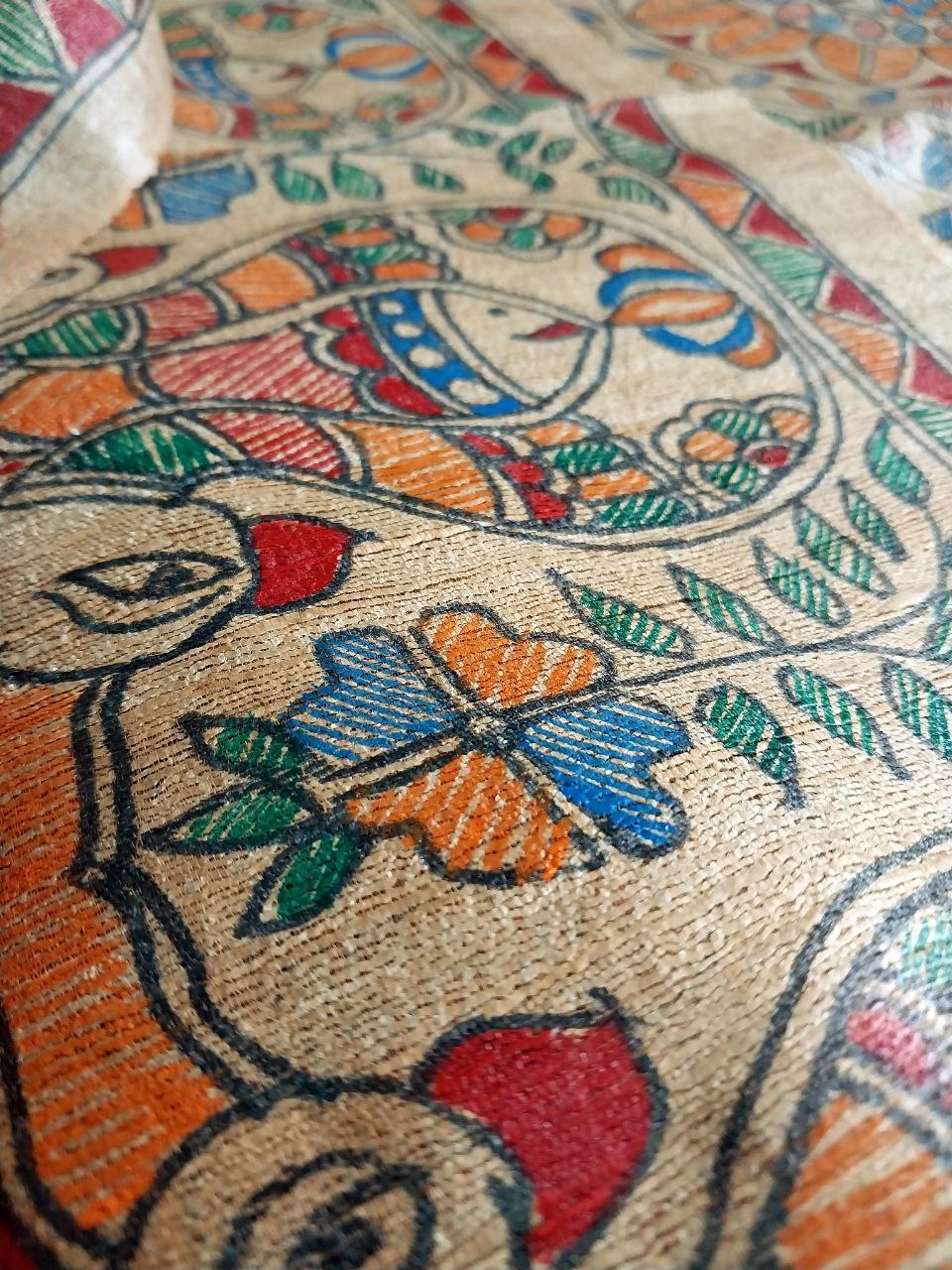 Madhubani Handpainted Saree on Pure Ghicha Tussar Saree with Running Blouse Piece