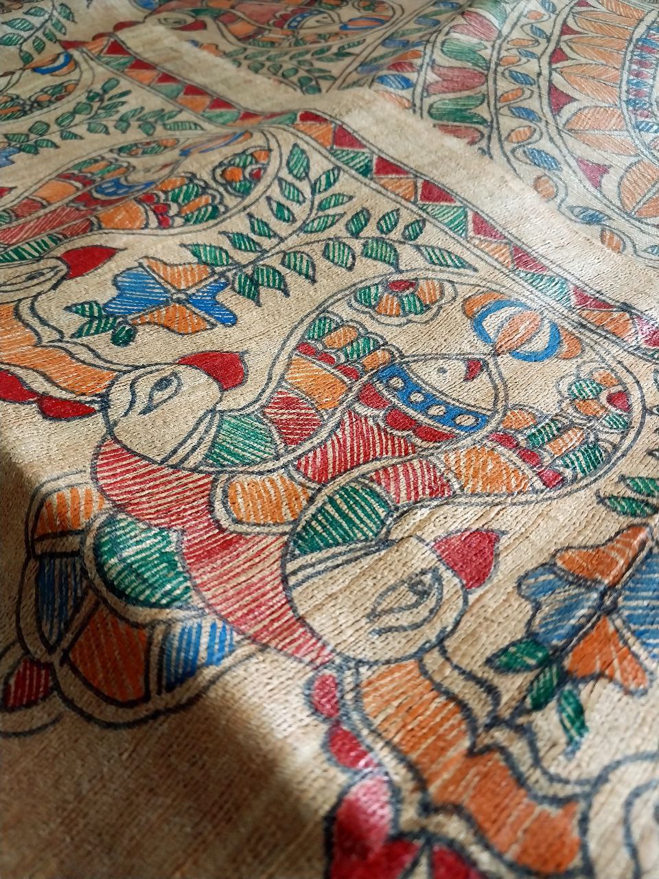 Madhubani Handpainted Saree on Pure Ghicha Tussar Saree with Running Blouse Piece